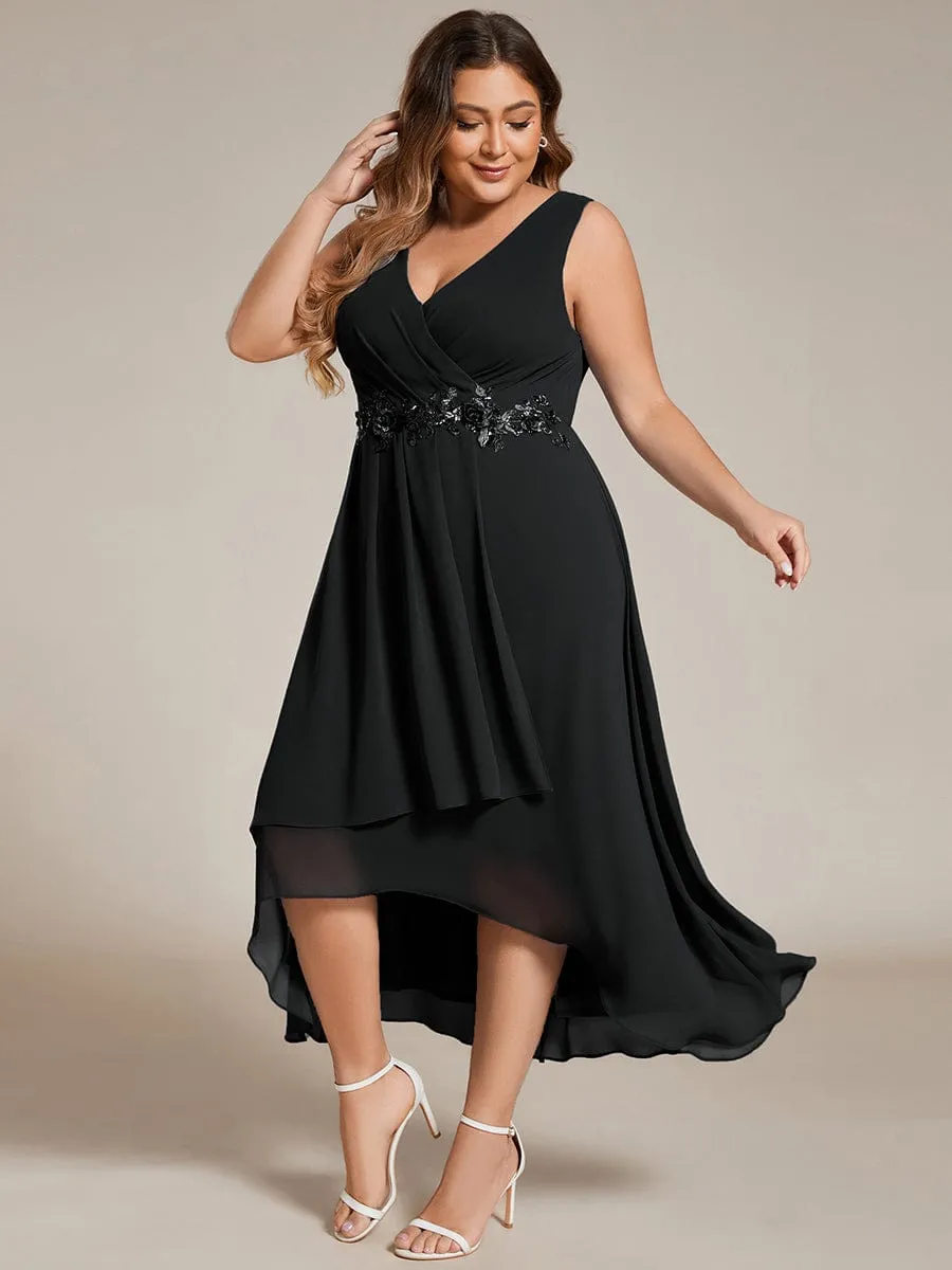 Sleeveless V-Neck High Low Plus Size Wedding Guest Dress with Floral Applique