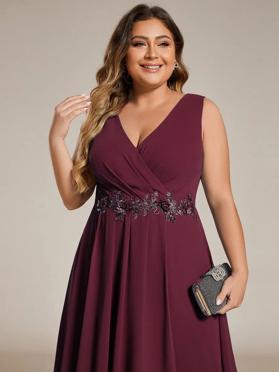 Sleeveless V-Neck High Low Plus Size Wedding Guest Dress with Floral Applique