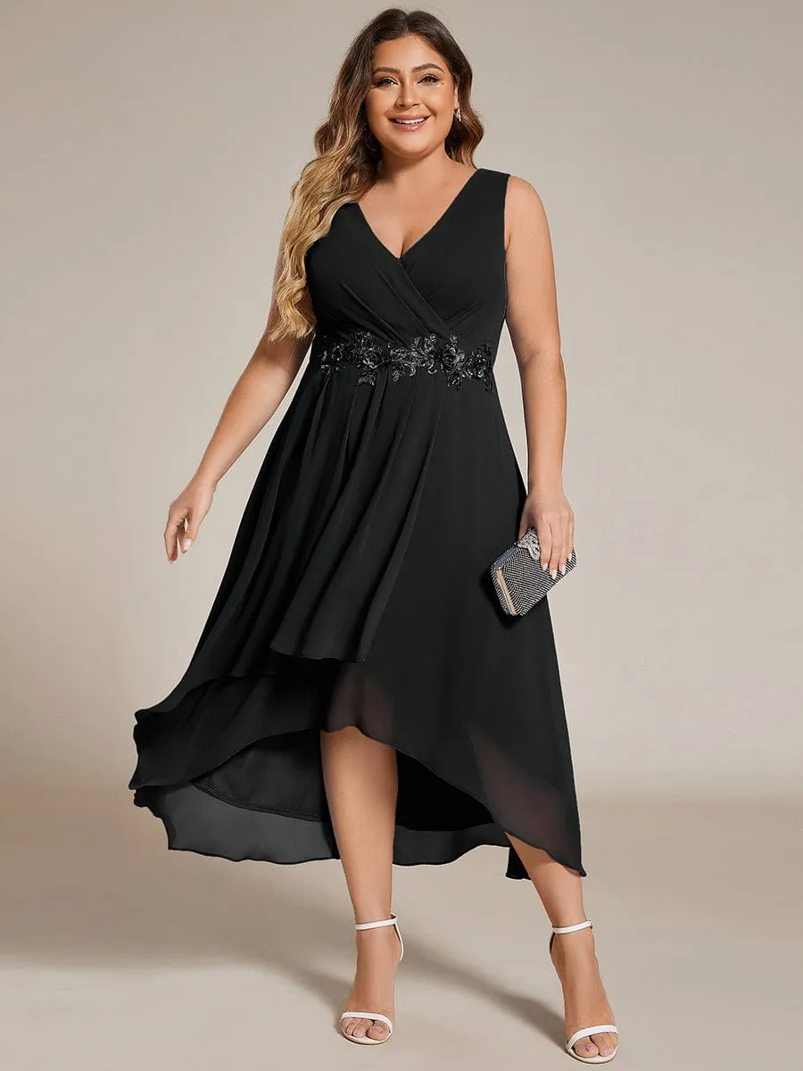 Sleeveless V-Neck High Low Plus Size Wedding Guest Dress with Floral Applique