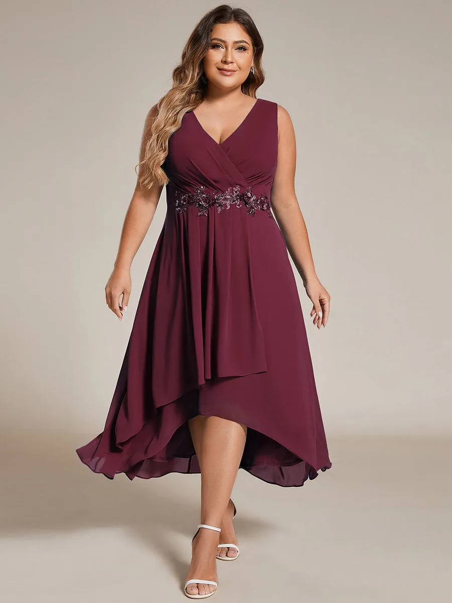 Sleeveless V-Neck High Low Plus Size Wedding Guest Dress with Floral Applique