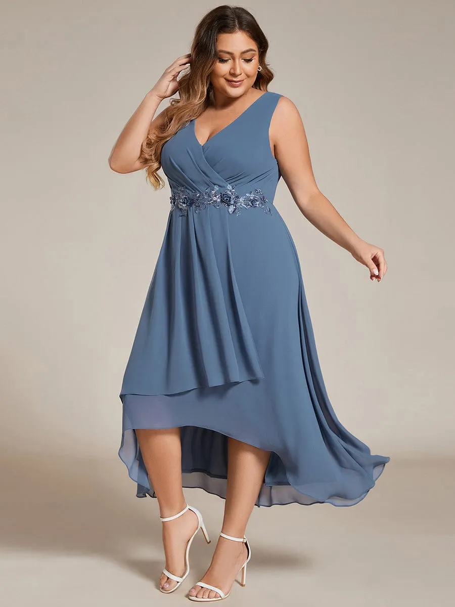 Sleeveless V-Neck High Low Plus Size Wedding Guest Dress with Floral Applique