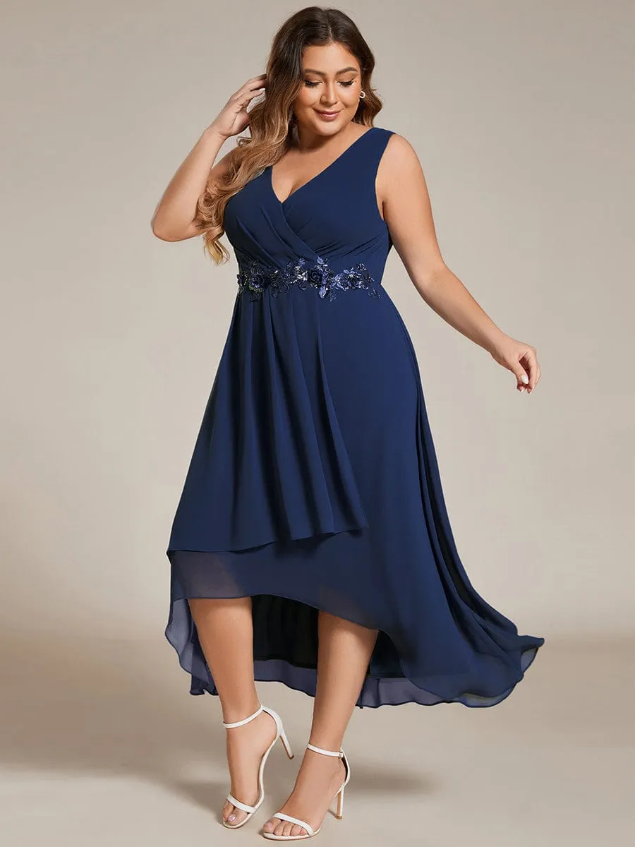 Sleeveless V-Neck High Low Plus Size Wedding Guest Dress with Floral Applique