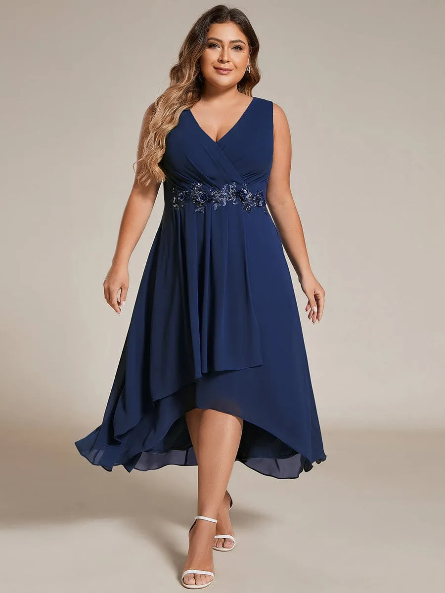 Sleeveless V-Neck High Low Plus Size Wedding Guest Dress with Floral Applique