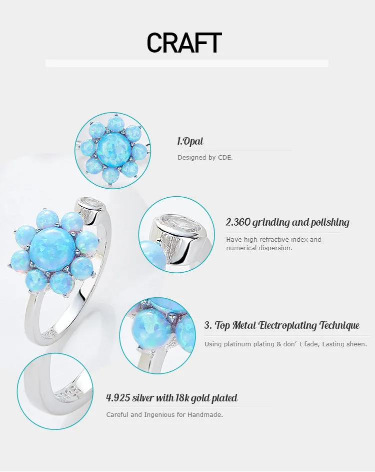 Sterling silver cute blue opal flower ring