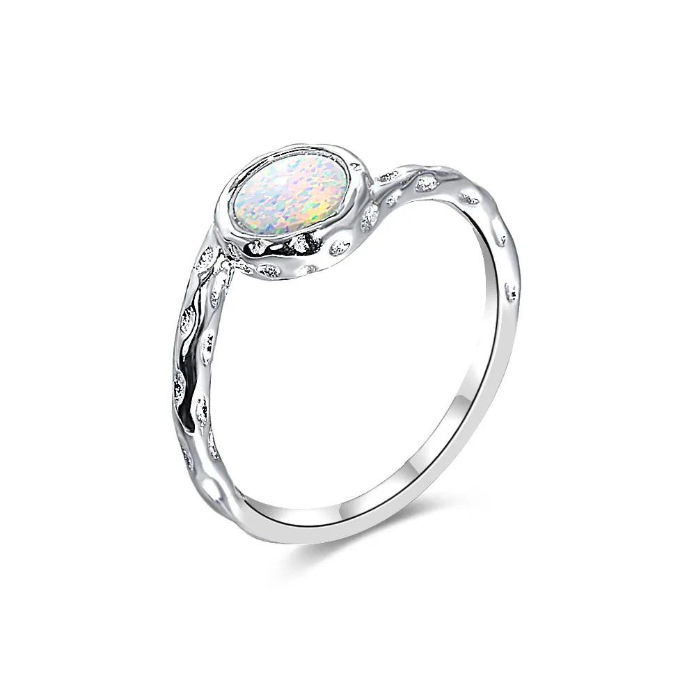 Sterling Silver Hammered Wave Solitaire Opal Ring