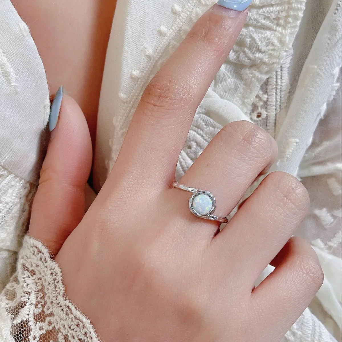 Sterling Silver Hammered Wave Solitaire Opal Ring