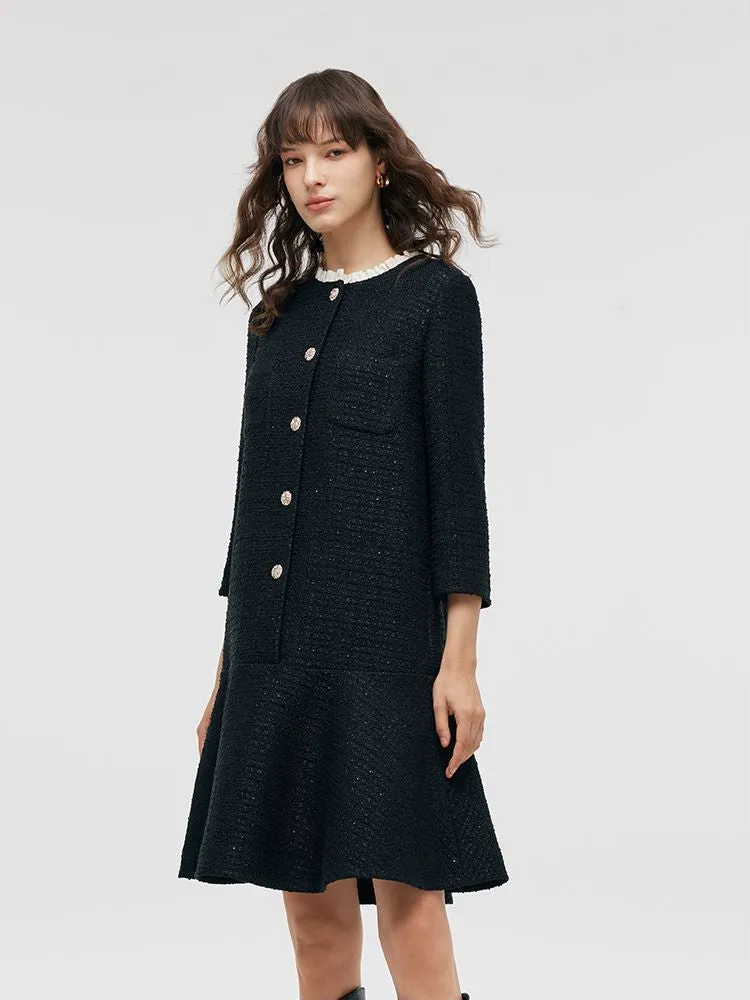 Tweed A-Line Ruffle Collared Women Midi Dress