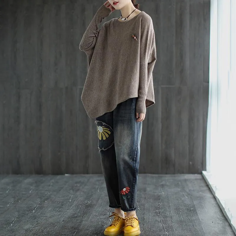 Women Pure Color Irregular Hem Sweater