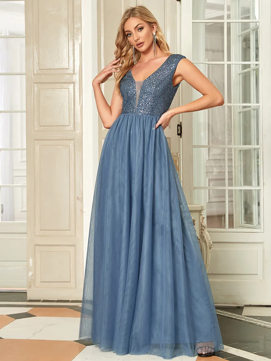 Women's A-Line V-Neck Sequin Dress Floor-Length Prom Dresses