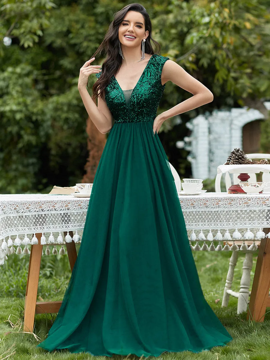 Women's A-Line V-Neck Sequin Dress Floor-Length Prom Dresses