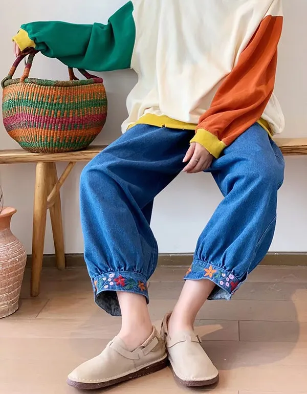 Women's Elastic Waist Embroidery Denim Pants