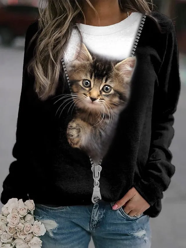 Women's Plus Size Cat Street Casual Sweatshirt Pullover