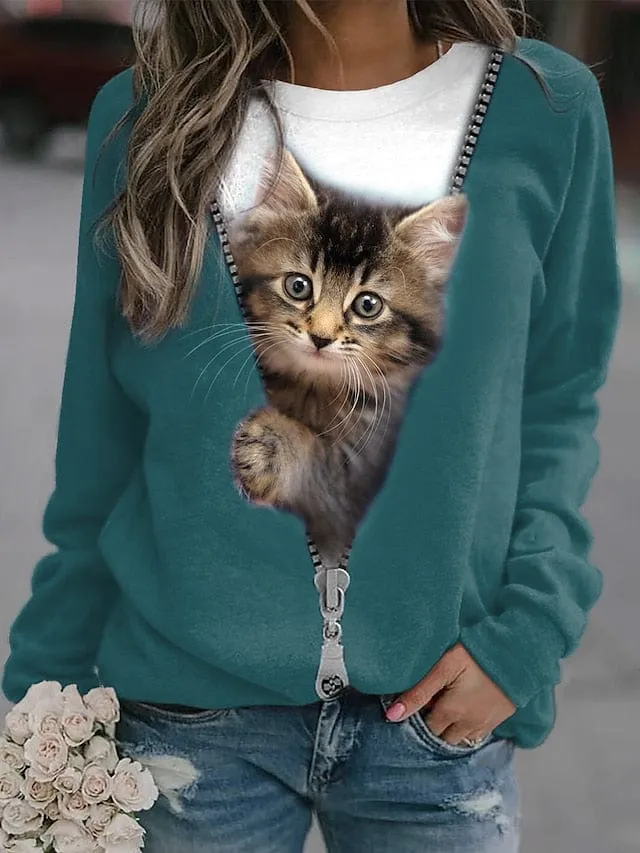 Women's Plus Size Cat Street Casual Sweatshirt Pullover